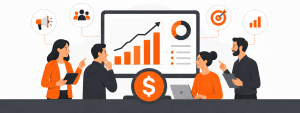 Illustration of a service business team reviewing a marketing ROI dashboard with charts, growth metrics, and finance icons.