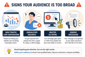 Infographic showing four signs a business target audience is too broad: high traffic with low conversions, unqualified inquiries, wasted ad spend, and generic messaging.