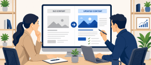 Two professionals reviewing a before-and-after content update on a large screen, showing how refreshed website content can improve lead generation.