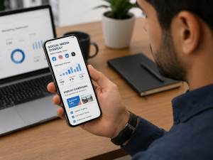 A man sitting at a desk looks at his smartphone, which displays social media strategy metrics, performance charts, and display campaign information.