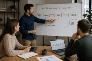 A presenter explains a revenue-focused marketing testing strategy on a whiteboard to two colleagues in a modern office meeting room.