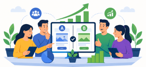 Flat vector illustration showing four marketers reviewing an A/B marketing test on a large screen, with growth charts and an upward arrow under the title “Can Small Marketing Tests Boost Business Growth?”
