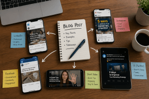 Overhead view of a blog post notebook connected to different social media content formats on phones and a tablet.