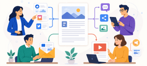 Flat vector illustration showing one central blog post being turned into social media, email, video, and marketing content by four team members.