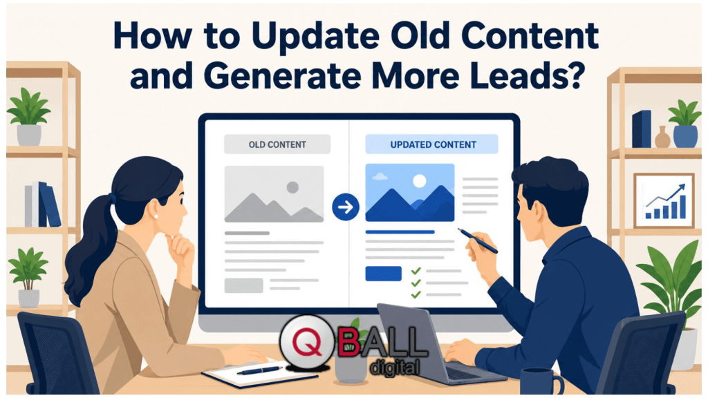 Two professionals reviewing a before-and-after content update on a large screen, showing how refreshed website content can improve lead generation. Caption: