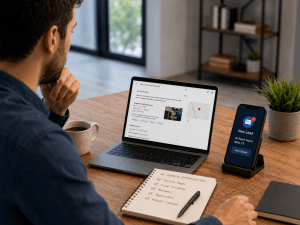 Realistic scene of a service business team reviewing AI search results, local listings, reviews, and lead notifications on a laptop.