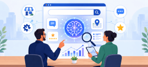 Two professionals review an AI search optimization dashboard with a search bar, brain icon, service business icons, and performance charts.