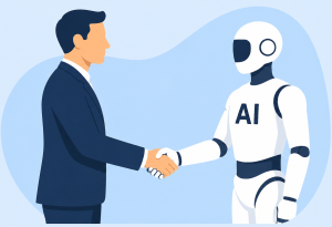 Businessman shaking hands with a robot labeled “AI,” representing a successful business and artificial intelligence partnership.