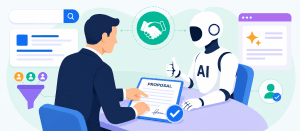 Businessman reviewing a proposal with an AI robot, representing how Google AI Mode affects companies that depend on search leads.