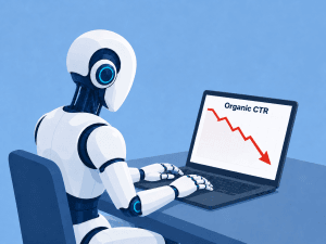 aceless AI humanoid using a laptop displaying a red downward trend labeled “Organic CTR.”
