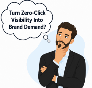 Flat-vector illustration of a businessman in a black suit thinking about turning zero-click visibility into brand demand.