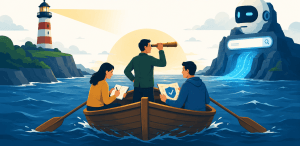 Flat vector hero image showing three people in a rowboat navigating rough waters toward AI search, with a lighthouse guiding them and the article title at the top.