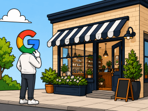 Cartoon-style humanoid with a Google “G” logo head looking at a small business storefront.