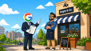 Cartoon-style illustration of a Google “G”-headed humanoid reviewing a checklist with a smiling small-business owner outside a local storefront.