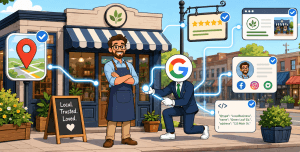 Cartoon illustration of a small-business owner and a Google “G”-headed humanoid connecting the storefront to maps, reviews, website, social profiles, and schema signals.