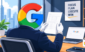 Flat vector illustration of a Google "G" logo character wearing white gloves and a navy suit, viewed from behind while reading a document at a modern office desk with a laptop and coffee mug.