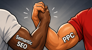Cartoon illustration of two muscular arms clasping hands in a strong handshake, with the left arm labeled "Semantic SEO" and the right arm labeled "PPC," symbolizing collaboration between the two digital marketing strategies.