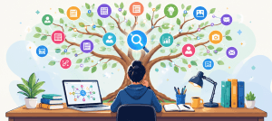 Cartoon-style illustration of a person studying semantic SEO at a desk, facing a tree of connected content icons, with the blog title displayed at the top.