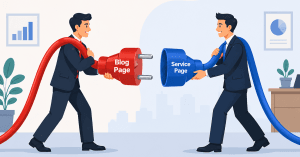 A flat vector illustration of two businessmen holding oversized electrical connectors labeled "Blog Page" and "Service Page," preparing to connect them to represent internal linking between website pages.
