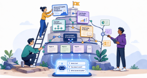 Cartoon-style illustration of three people building a layered topical authority structure while an AI search box answers basic questions at the base.