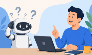 A flat vector illustration of a confused white robot scratching its head while a smiling man gestures as if explaining something across a desk with a laptop in a modern office setting.