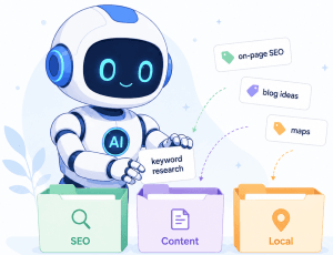 Friendly AI robot sorting keyword cards into SEO, Content, and Local folders.
