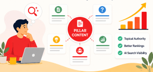 Flat vector illustration of an AI search content cluster with a central pillar page, connected topic cards, and a growth chart.