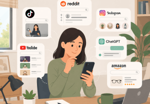 Person using multiple online platforms to search for information on a smartphone.