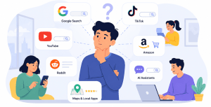 Flat vector illustration of customers using different search platforms, including Google, TikTok, YouTube, Reddit, Amazon, AI assistants, and local apps, with the title shown at the top.