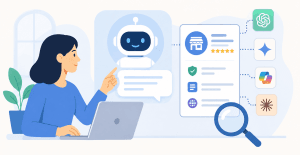 Person using an AI assistant to improve a business profile so AI platforms can find and recommend the brand.