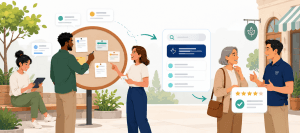 Flat vector illustration showing community discussions moving from a public message board into AI search results, then leading to a positive client review and trust signal.