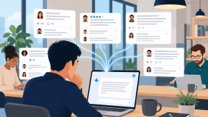 A flat-vector illustration, viewed from behind, of a man in an office wearing a blue blazer and touching his chin while working at a laptop on a wooden desk. Luminous lines connect his laptop screen to five floating pop-up boxes. Each box features diverse user avatars, review text lines, 5-star ratings, and like/comment metrics. Other people work at desks in the background of the modern, open-plan office with plants, pendant lights, and city views.