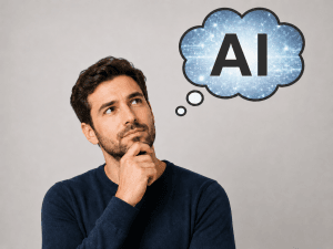 Man thinking about AI, shown with a thought bubble containing “AI” over a tech-inspired digital background.