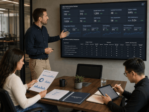 Team reviewing a GEO performance dashboard during a marketing strategy meeting.