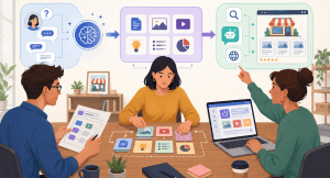 Illustration of three people planning small business content around AI search, with icons showing customer questions, content formats, and online visibility.