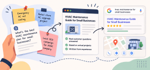Flat vector illustration showing customer questions, real HVAC project notes, and local SEO campaign ideas turning into first-hand SEO content, search results, and a local business listing.