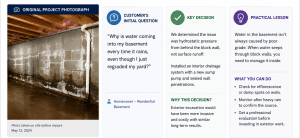 roject evidence panel showing a basement photo, the customer’s question, the chosen drainage solution, and the practical lesson.