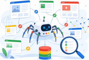 Flat vector illustration of a friendly robot web crawler moving through connected website pages, link icons, a magnifying glass, and an index database.