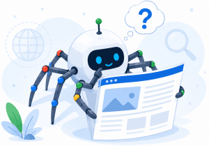 Flat vector illustration of a friendly AI web crawler reading a large webpage like a newspaper, with a thought bubble and question mark above its head.