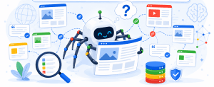 Hero image in flat vector style showing a friendly AI web crawler reading a webpage, surrounded by connected website panels and search-related icons, with a top banner title that says “Is Your Website Ready to Be Cited by AI Search Engines?”