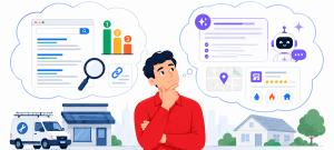 Flat-vector hero illustration of a man in a red shirt thinking about how Google AI Overviews change SEO strategy for local service businesses, with traditional search results on one side and AI summary, map, reviews, and service icons on the other.
