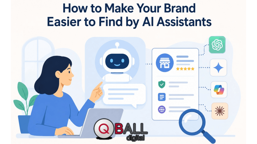 Person using an AI assistant to improve a business profile so AI platforms can find and recommend the brand.