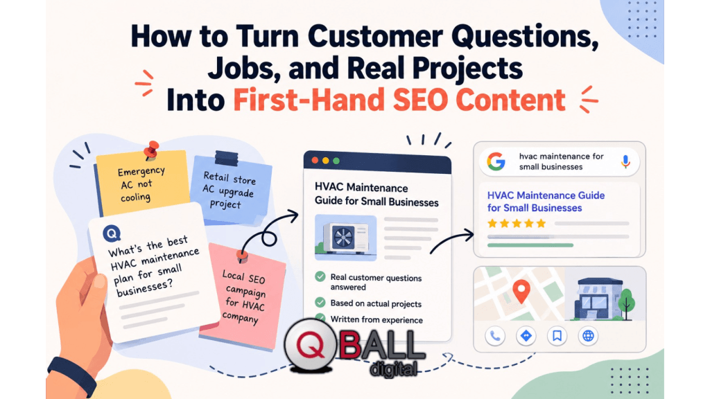 Flat vector illustration showing customer questions, real HVAC project notes, and local SEO campaign ideas turning into first-hand SEO content, search results, and a local business listing.