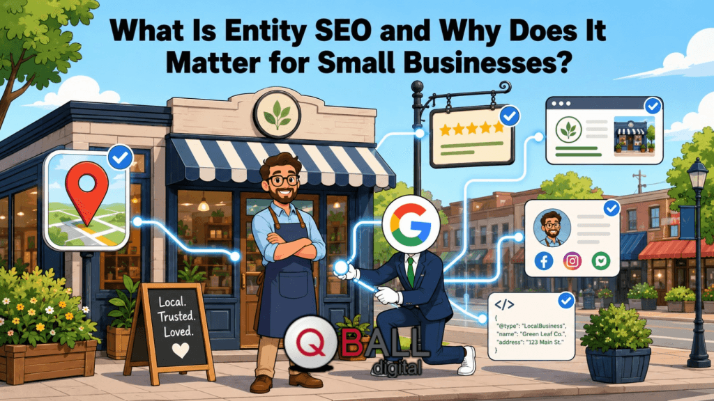Cartoon illustration of a small-business owner and a Google &ldquo;G&rdquo;-headed humanoid connecting the storefront to maps, reviews, website, social profiles, and schema signals.