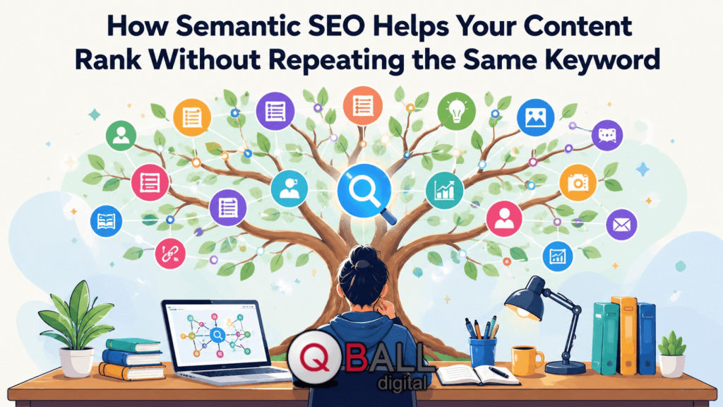 Cartoon-style illustration of a person studying semantic SEO at a desk, facing a tree of connected content icons, with the blog title displayed at the top.