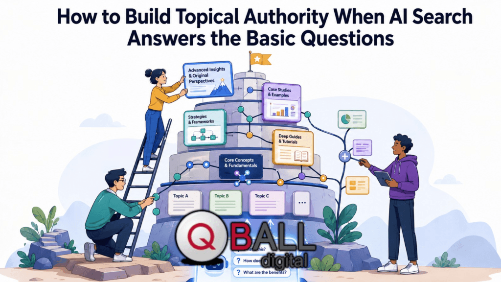 Cartoon-style illustration of three people building a layered topical authority structure while an AI search box answers basic questions at the base.