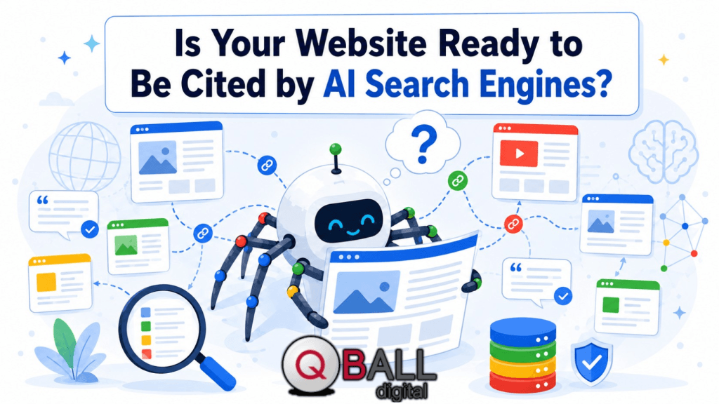 Hero image in flat vector style showing a friendly AI web crawler reading a webpage, surrounded by connected website panels and search-related icons, with a top banner title that says &ldquo;Is Your Website Ready to Be Cited by AI Search Engines?&rdquo;