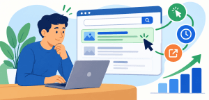Flat vector illustration of a person using a laptop while icons for clicks, time spent, scrolling, and returning to search connect to a rising performance chart, representing behavioral SEO.