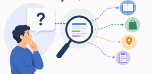 Flat vector illustration of a person examining a long search question with a magnifying glass, with visual paths branching toward different search-intent symbols.