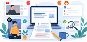 Flat vector illustration of one piece of content branching into four digital platforms represented by video, discussion, short-video, and search icons.